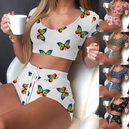 Women's Sleepwear Women Home Fashion Brief Solid Elastic Waist Shorts Two-piece Tracksuit Sets Butterfly Print Short Jajamas Sexy