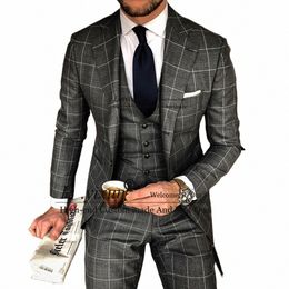 fi Plaid Mens Suits Slim Fit Formal Busin Male Blazer 3 Piece Jacket Vest Pants Set Wedding Groom Tuxedo Costume Homme U6cx#