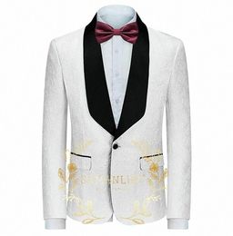 white Floral Jacquard Prom Blazer for Mens Slim Fit Black Veet Shawl Lapel Male Wedding Jacket Fi Coat 32UV#