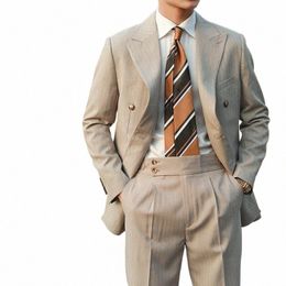 stripe Suit Men Versatile Fi Gentleman's Double Breasted Italian Lapel Coat Formal Wedding Groom Busin Men Tuxedo Suit e77c#