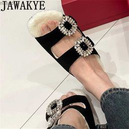 Sandals 2023 Autumn New Crystal Buckle Flat Fur Slide Womens Designer Peep Toe Slide Mule Casual Warmth Wool Slide WomensL2403