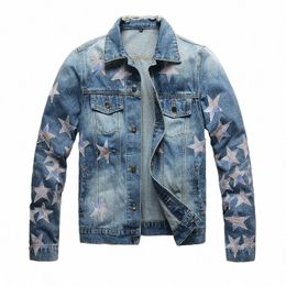 men Stars Patch Denim Jacket Streetwear Slim Fit Blue Cott Coat Patchwork Outerwear M4L3#