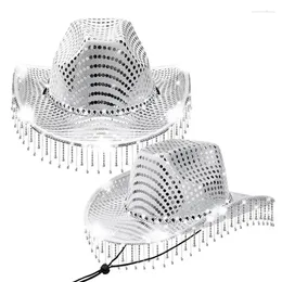 Berets Fringed Rhinestones Cowboy Hat For Women Fashion Wide Brims Beach Music Festival LED Bachelorettes Party Wear