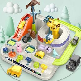 Mini Track Car for Children Train Sets Carts Toys Didactic Games From 3 To 7 Rails Racing Boy Blue Interactive Animals Adventure 240313