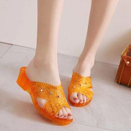 Slippers Plastic Jelly Rhinestone Medium Heel Flat Thick Sole Casual Shoes Fashion