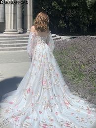 Floral A line Bride Dress Long Sleeves Backless Tulle Wedding Dresses For Women Robe De Mariee