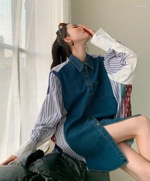 Women's Blouses Autumn Chic Patchwork Vintage Denim Prints Loose Shirt Women Casual Long Design Single Breasted Blouse