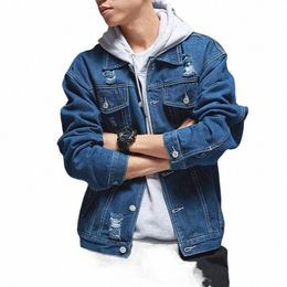 mens 2023 Fi Denim Jackets Slim Fit Mens Jeans Jacket Cott Outwear Coat Lg Sleeve Hole Male Clothing Casual W9dD#