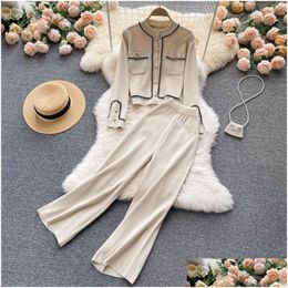 Womens Two Piece Pants New Autumn Korean Fashion Casual Knit Set Women Sweater Cardigan Crop Top Wide Leg Pant Suits Tracksuit 2 Sets Otz6H