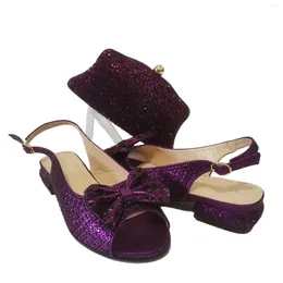 Dress Shoes Fashion Purple Lower Heel Party Women's Sandals And Bag Match Set Italian Design Rhinestone Wedding Matching