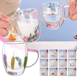 Wine Glasses Double Wall Glass Cup Real Flower Conch Filler Heat Handle Milk Cups Tea Mug Resistant Coffee G U7t3