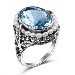 Real Pearl 925 Silver Rings Femmes Blue Topaz Aquamarine Big Gemstone Woman Wedding Fine Jewellery 240327