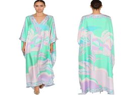 women039s Luxury 2020 vneck Jersey Silk maxi Dress Women039s 34 sleeve Charming Geometric green Print Spandex Stretchable 2602146