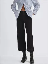 Women's Jeans Thick Plush Wide Leg Cropped For Stretch Zipper High Waisted Denim Ankle-length Pants Fall Winter