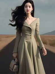 VNeck Off Shoulder Sexy Womens Dress Fashionable Forest Girl Style Solid Color Patchwork Slim ALine Dresses 240327