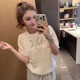 Korean Heavy Industry Nail Bead Inlaid Diamond Short Sleeved Women's Knitwear Top Summer New Small Fragrance Style Simple Round Neck Sweater