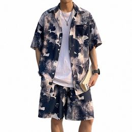 summer Men Shorts Set Matching Shirts Letter Striped Floral Printing Outfits Short Sleeve Elastic Waist Thin Oversize Suit Man Q97T#
