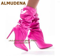 Boots ALMUDENA Fuchsia Pink Matte Folded Stiletto Heel Pointy Toe Mid-calf Lace-up Knee Two Ways To Wear Dress Shoes