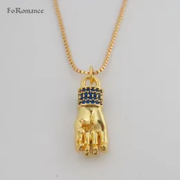 Pendant Necklaces YELLOW GOLD Colour 18" BOX LINK CHAIN NECKLACE & HAND GESTURE SIGN STRONG MESSAGE BLUE ZIRCON STONES WIDTH 8MM 0.31"