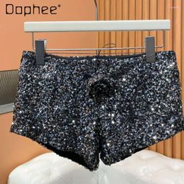 Women's Shorts Girls Paillette Jacquard Sheath 2024 Spring Sexy Black Sequins Low Waisted Slimming A- Line Pants