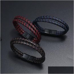 Charm Bracelets Woven Mens Pu Leather Black Magnet Buckle Bracelet Magnetic Braid Double Layer Bangle Wristband Man Jewelry Drop Deli Ot7C2