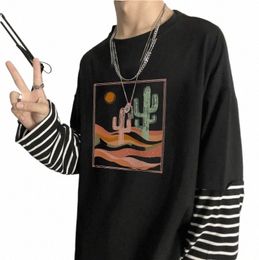 abstract Art Korean Versi T Shirts Women's Hip Hop Vintage Aesthetic Tops Tees Lg Sleeve Patchwork Striped Unisex T Shirt I61F#