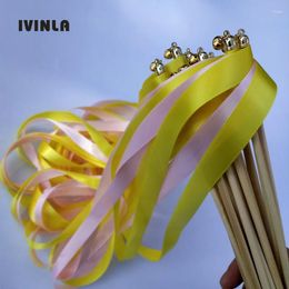 Party Decoration 50pcs/lot Yellow And Pink Wedding Ribbon Wands With Gold Bells For