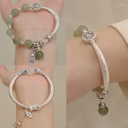 Charm Bracelets Chinese Retro Style Natural Hetian Jade Sterling Silver Single Circle Brace Lace Bracelet Sea-Pattern Stone Pendant Hand