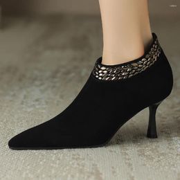 Dress Shoes Elegant Ladies Thin High Heel Pointed Toe Side Zip Autumn Pumps Crstal Natural Suede Leather Evening Heels For Women