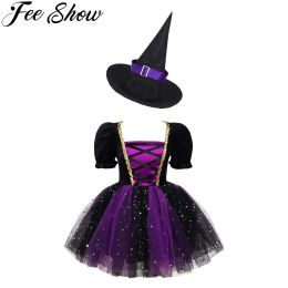 Hats Halloween Kids Girls Witch Costume Cosplay Dress Glittery Mesh Tutu Dress with Witch Hats Carnival Fancy Party Dress Up Clothes