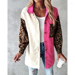 Women's Jackets Women Elegant Long Sleeve Turn Down Collar Single Breasted Top Y2K Chic Clothes Colorblock Leopard Print Corduroy Shacket