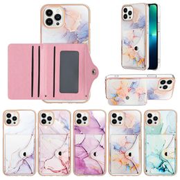 Card Pack Marble Chromed Cases For Iphone 15 Plus 14 Pro Max 13 12 11 Soft IMD TPU PU Leather ID Cards Slot Pocket Plating Granite Stone Kickstand Holder Phone Back Cover