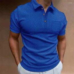 Men's Polos Summer Short Sleeve Button Waffle POLO Loose Pocket Lapel Top T-shirt Clothes Sweatshirt