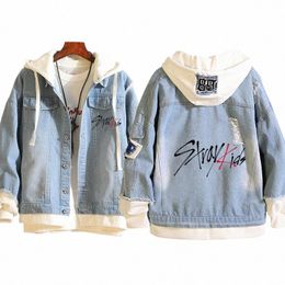 2023 Stray Kids Kpop Costumes Jackets Men Women Hip Hop Fi Y2k Denim Jacket Spring Autumn Casual Hooded Outwear Coat w48o#