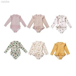 One-Pieces Swimsuit Kids Girl 2023 Summer New Floral Small Fresh Long-sleeved Quick-drying Sunscreen One-piece Swimsuit 24327