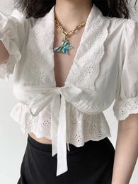 Women's Blouses White Shirts Women Summer Puff Sleeve Blouse Female Korean Fashion Sweet Crop Top Ladies Vintage Bandage Blusas Ropa Mujer