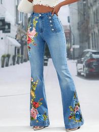 Plus Size Women Jeans Plain Button Decor Flare Leg Long Denim Pants Floral Embroidery Female High Waist Wide 240315