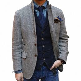 herringbe Blazer for Men One Piece Suit Jacket with 1 Side Slit Slim Fit Casual Male Coat Fi Wedding Tuxedo Blazer 2024 87n2#