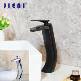 Bathroom Sink Faucets JIENI Tall Solid Brass ORB Deck Mount Waterfall Spout Victory Basin Mixer Tap Chrome Faucet