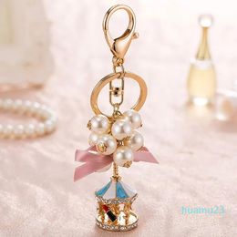 Keychains Lanyards Cute Keychain Pearl Crystal String Carousel For Women Key Chain Jewellery Gift Accessories