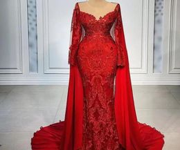 Vintage Red Long Sleeve Evening Dresses Arabic Aso Ebi Luxurious Mermaid Party Occasion Gowns Sheer Neck Lace Beaded Vestidos de f9052692