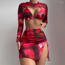 Women's Swimwear 2024 European And American Printed Bikini Three-piece Swimsuit Long-sleeved Smock Beach Swimming Suit