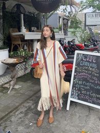 Party Dresses Korobov Spring Sweater Short-Sleeve Dress Vintage Hong Kong Style Robe Contrast Colour Stripe Knit Loose Long Vestidos