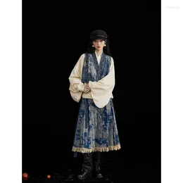 Work Dresses Spring Chinese Hanfu Retro Fashion Cowboy Jacquard Dark Pattern Small Vest Horse Face Skirt Set Women Two Piece