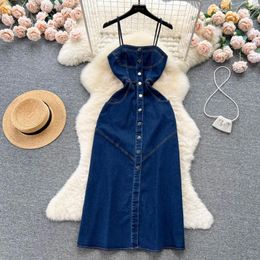 Casual Dresses Sexy Women Spaghetti Strap 2024 Retro Single Breasted Mid-Length Dress Female Slim Sleeveless Denim Vestidos