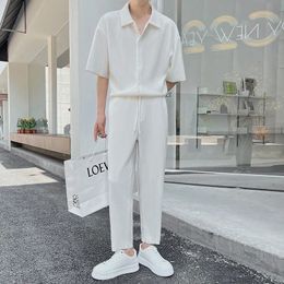 Summer Pleated Sets Men Fashion BlackWhite Casual Ice Silk Suit Men Korean Short-sleeved ShirtTrousers Two-piece Mens Set 240325