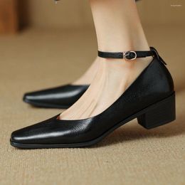 Dress Shoes Plus Size 34-41 Women's Sheepskin Ankle Strap 4cm Thick Low Heel Casual Pumps OL Style Elegant Ladies Heeled Woman