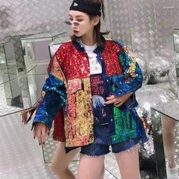 Women's Jackets Spring And Autumn Sequin Long Sleeve Single Breasted Loose Turn Down Collar Patchwork Colour Denim Coats