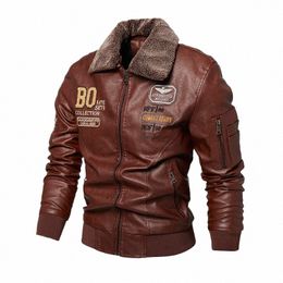 leather Jacket Men Winter Fleece Original Moto & Biker Embroidery Removable Fur Collar Windbreaker Ropa De Hombre Slim Coat 851Y#