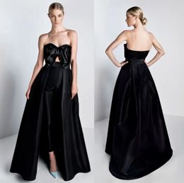 Cheap Black Jumpsuits Prom Dresses With Detachable Train Bow Strapless Neck Formal Evening Gowns Satin Overskirt Prom Dress